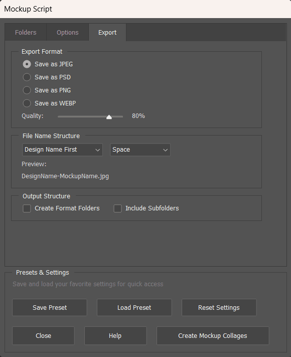 Mockup Script Export Tab Interface